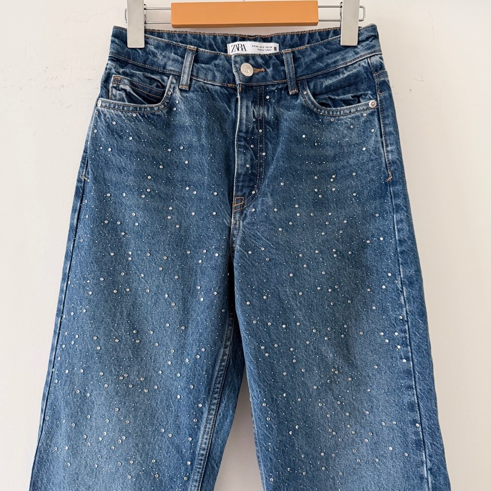Zara Rhinestone Straight Leg Jeans XS 24 US 2 | High Rise Blue Y2K Party Denim - Picture 7 of 14